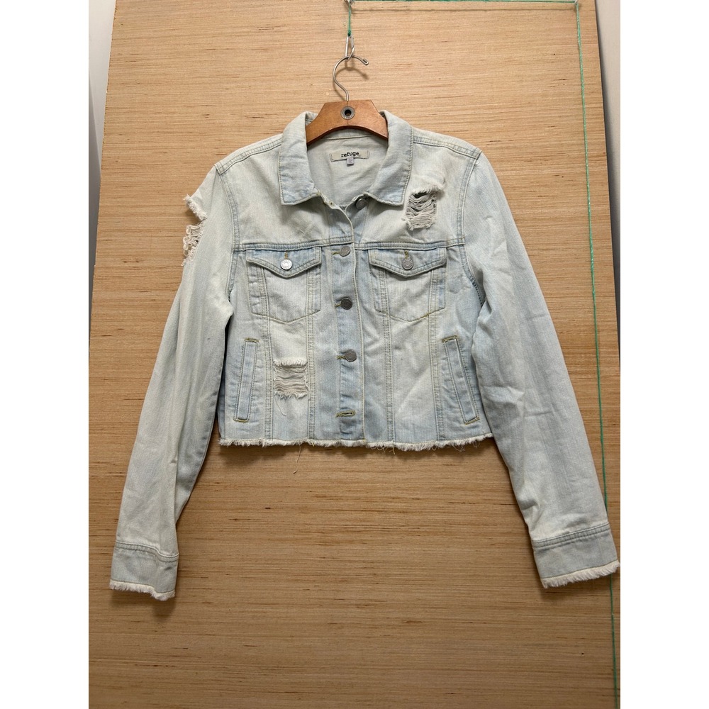 Refuge Womens‎ Distressed Cropped Denim Jacket Light Wash Blue Size L Raw Hem